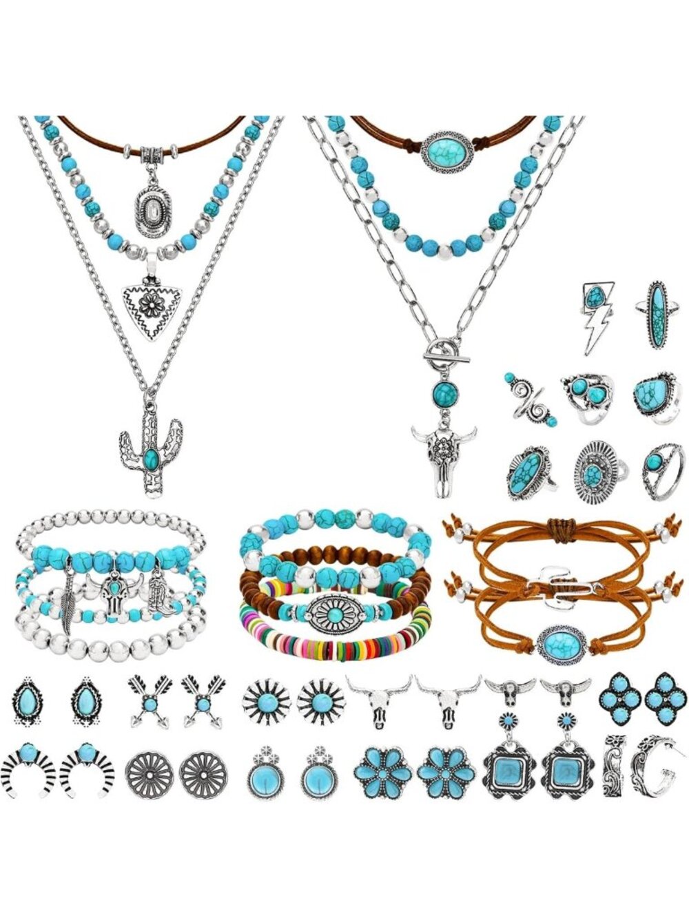 Bohemian 20 Pcs Turquoise Jewelry Set for Women - Western Style Accessories